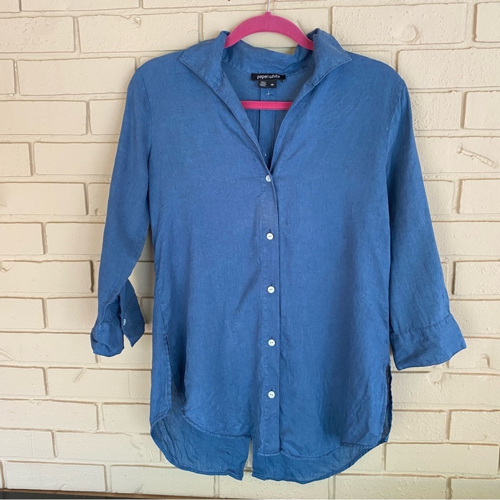 Paperwhite Top Womens Size 6 Blue Linen Button Back Blouse Minimalist Lagenlook